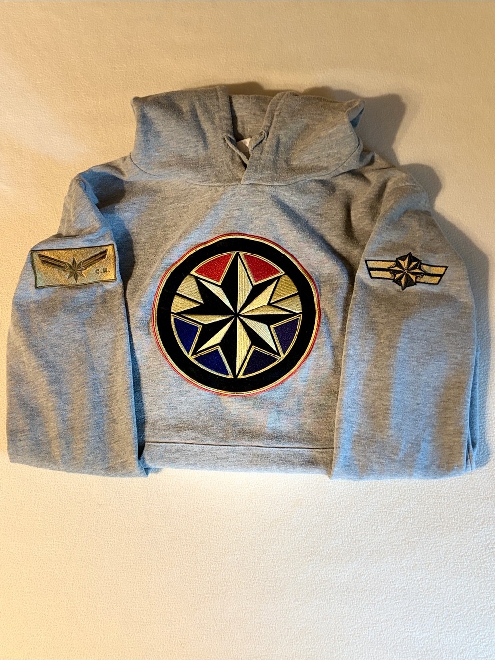 Captain Marvel Gray Crewneck Hoodie with Multicolor Embroidered Star Emblem Lg - Picture 8 of 8
